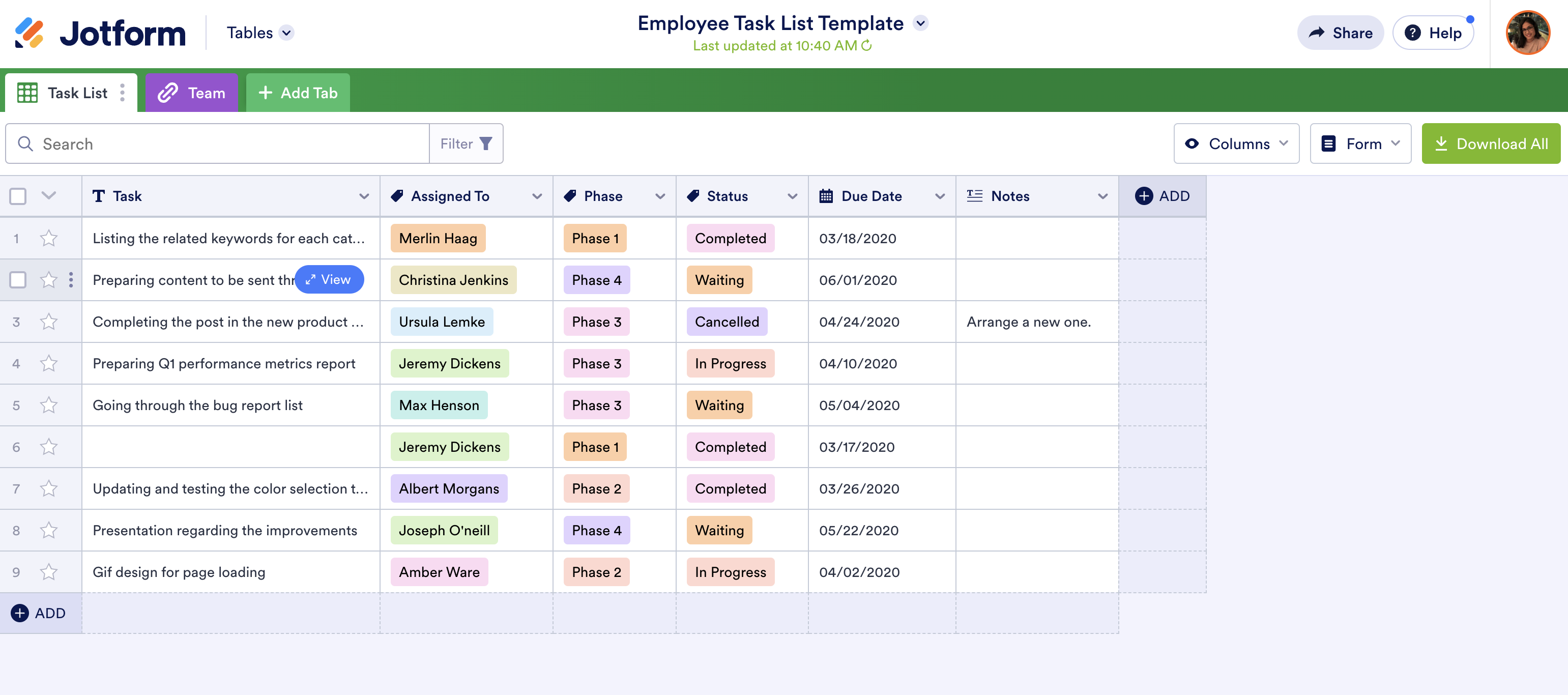Screenshot of Employee Task List Template in Jotform Tables 