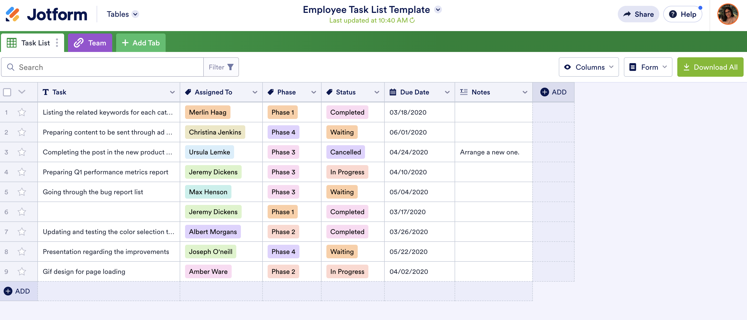 Image of Employee Task List Template in Jotform Tables