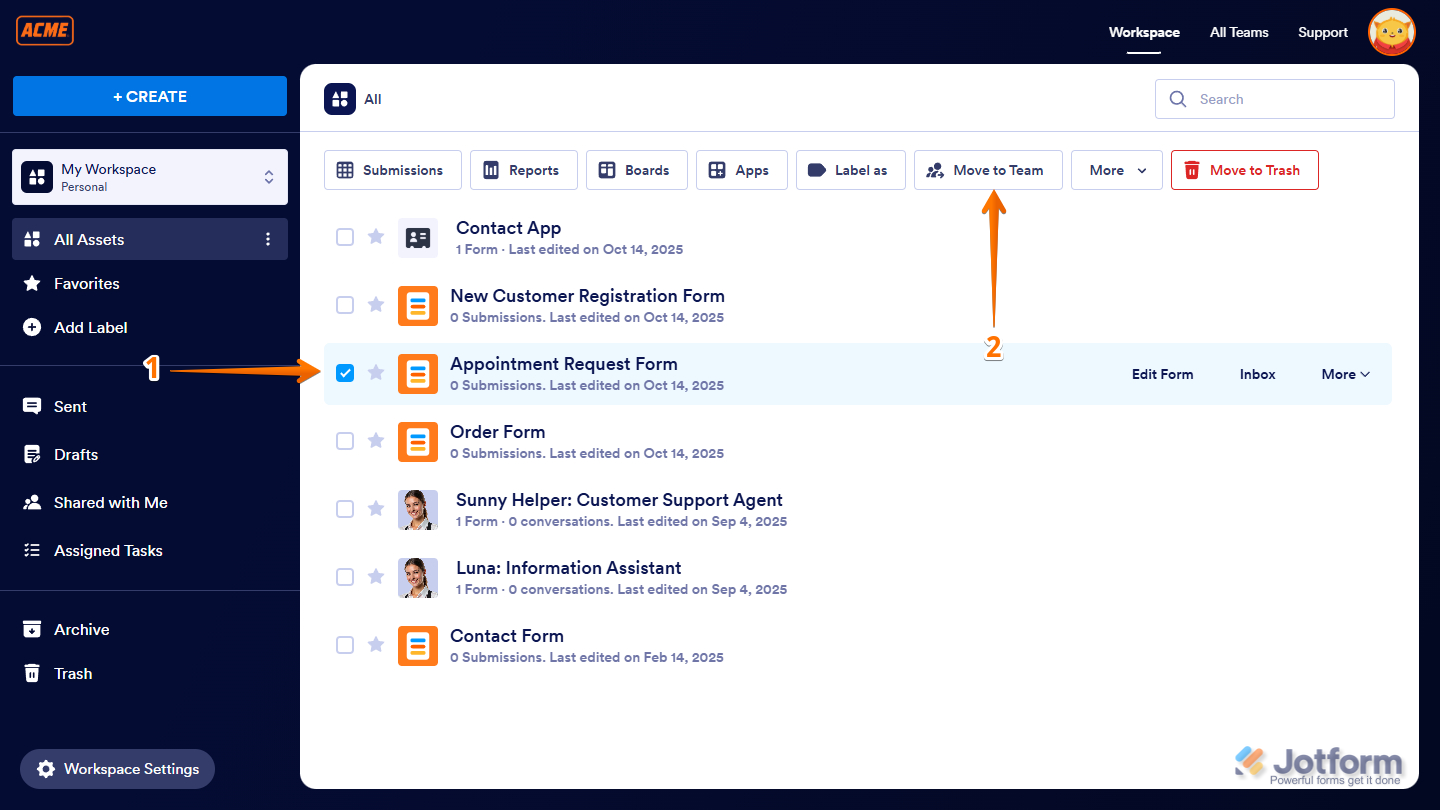 Select asset and click Move to Team in Jotform