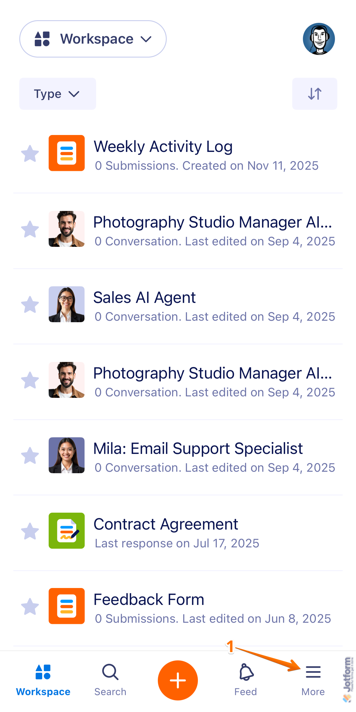 Jotform Mobile App interface showing Three Lines menu icon in the bottom right corner