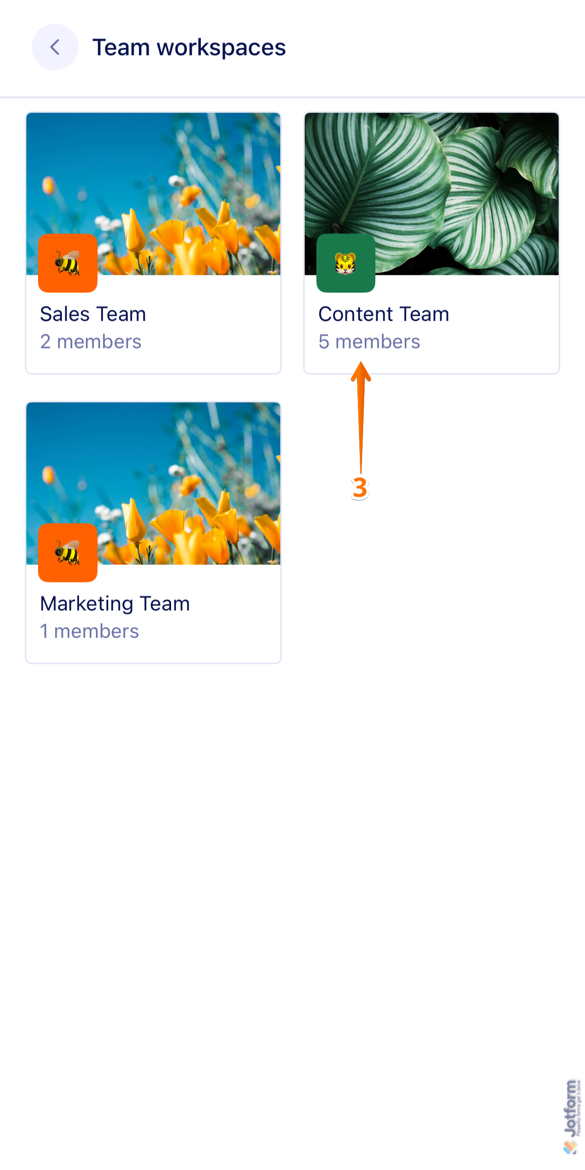 Jotform Mobile App Team Workspaces list showing Content Team selected