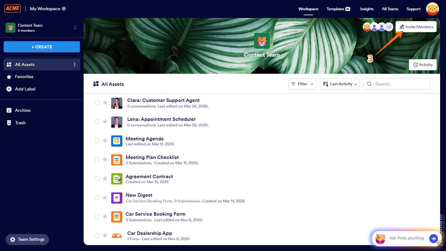 Workspace page showing Invite Members button on the top right side in Jotform
