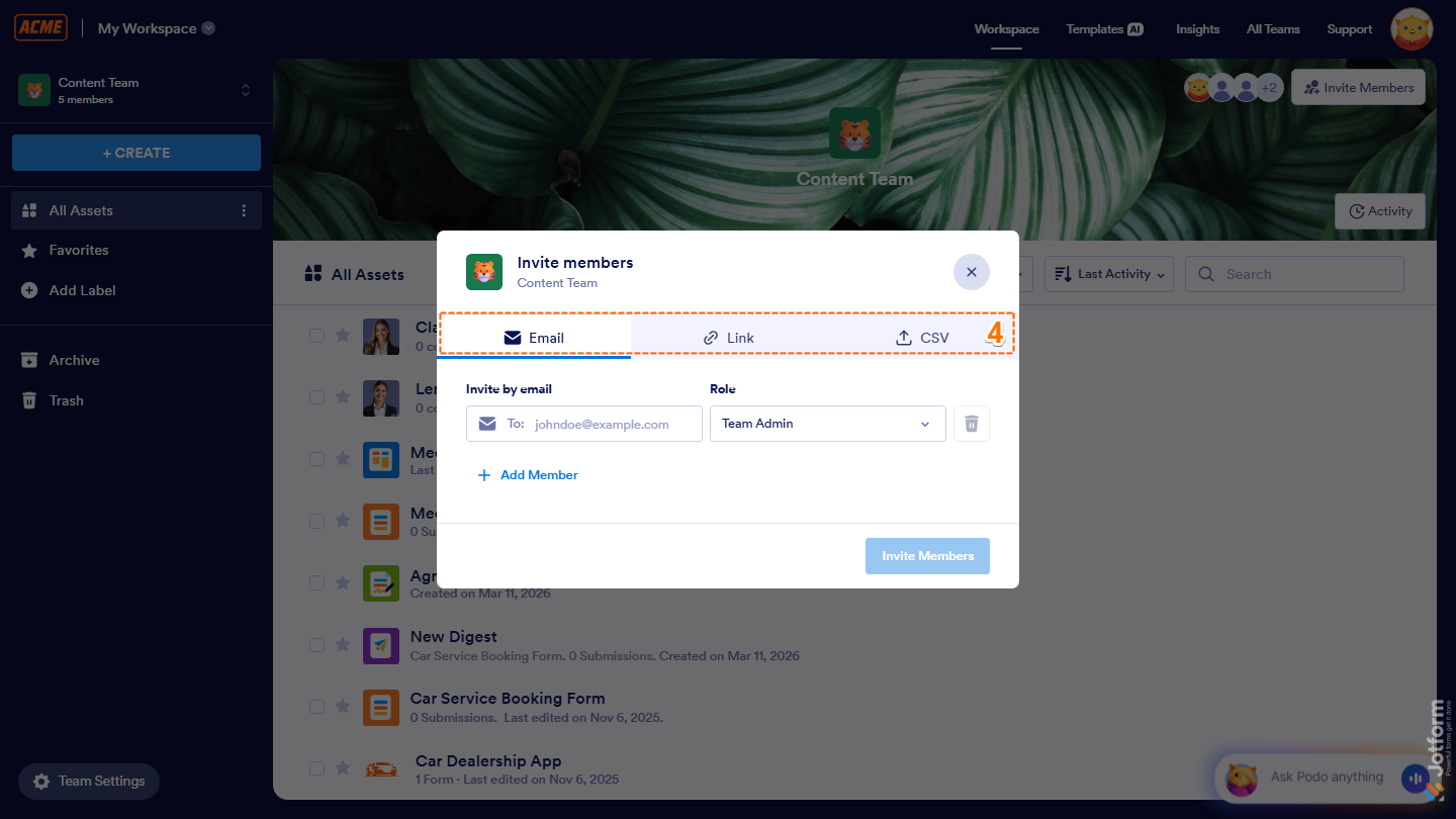 Invite Members window showing Email Link and CSV options in Jotform
