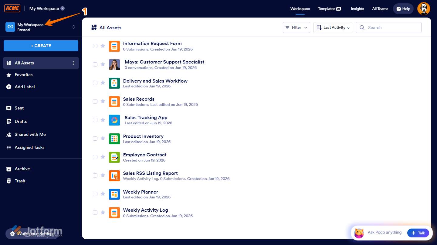 Jotform Workspace showing the My Workspace option in the left-side navigation menu, ready to be selected