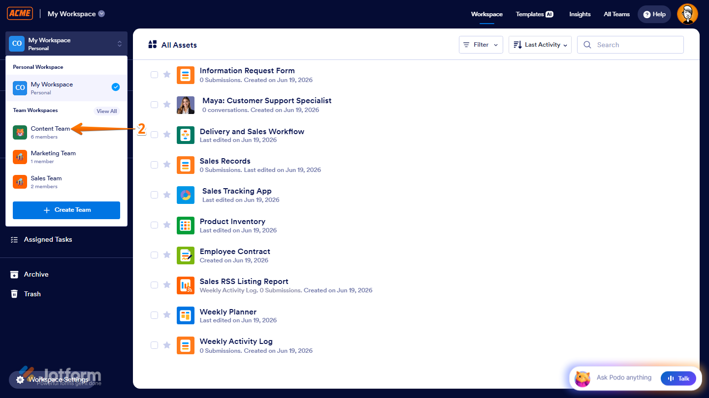 Jotform Workspace menu showing the Team Workspaces section with a team workspace, such as Content Team, selected for management