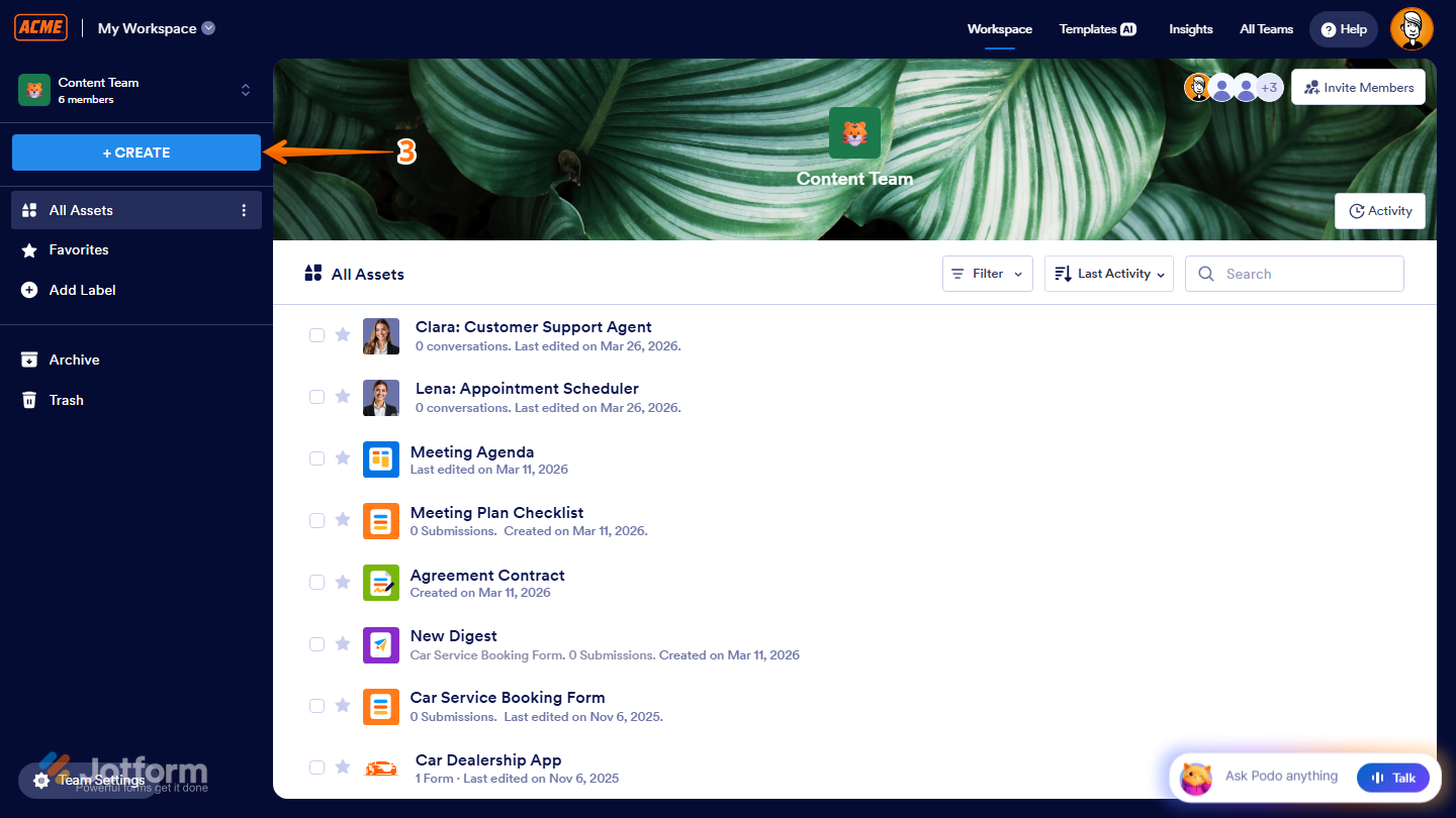 Jotform Team Workspace showing the Create button on the top-left side of the screen, ready to create a new item within the workspace