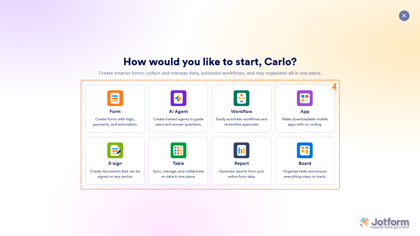 Jotform Team Workspace Create menu displaying available asset types, including Form, AI Agent, Workflow, App, Sign Document, Table, Report, and Board, ready for selection