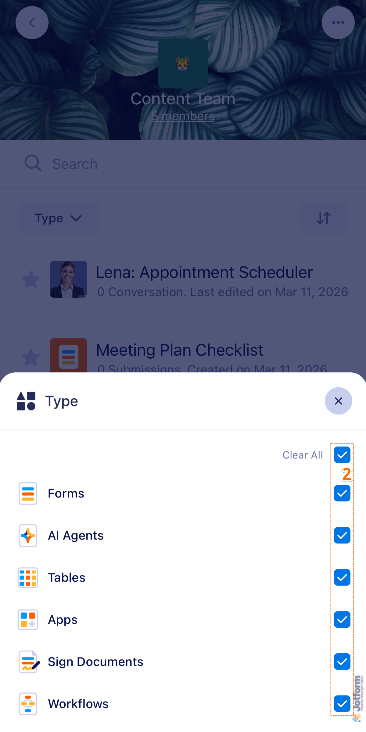 Jotform Mobile App Type menu showing asset type checkboxes for customizing displayed assets