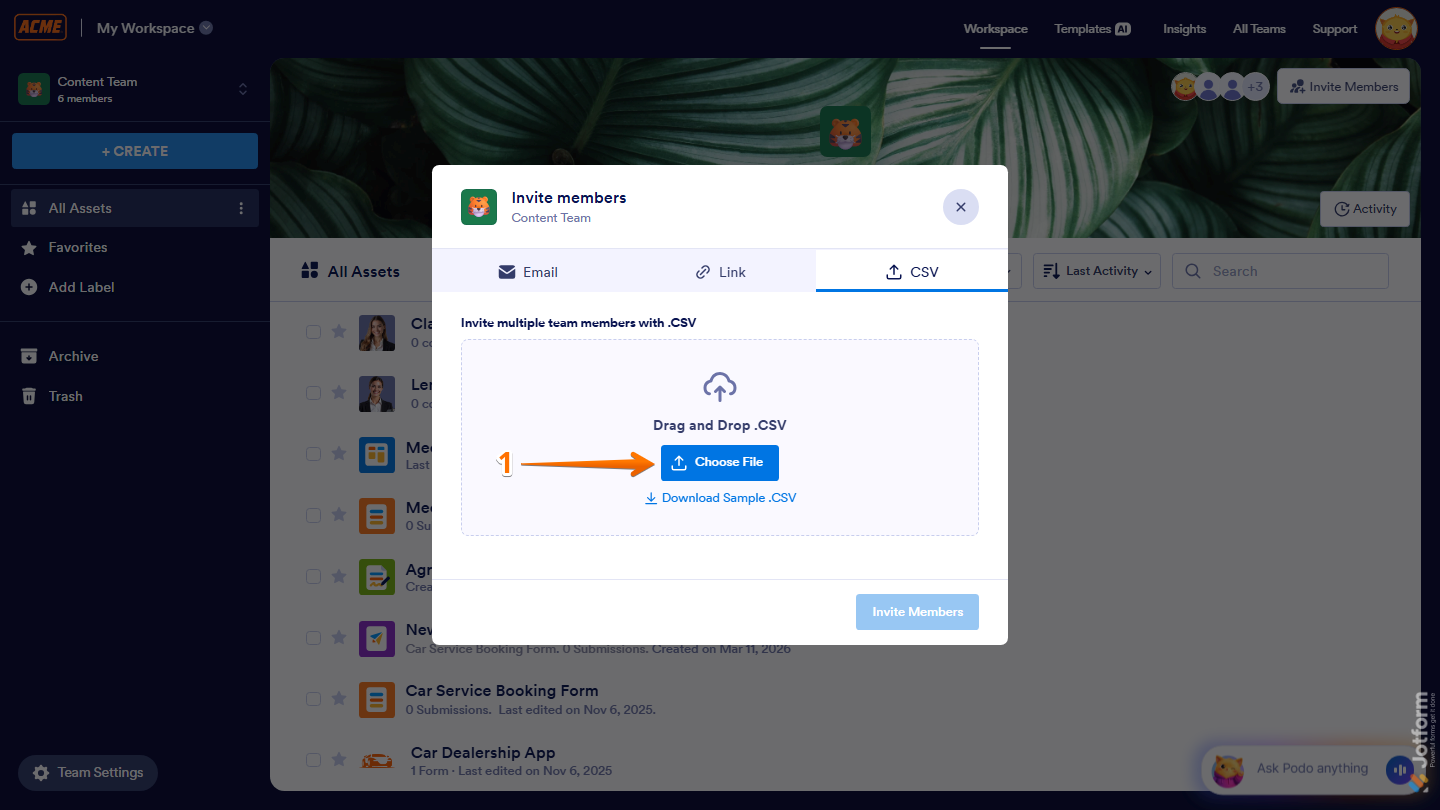 Invite Members CSV tab showing Choose file upload area in Jotform