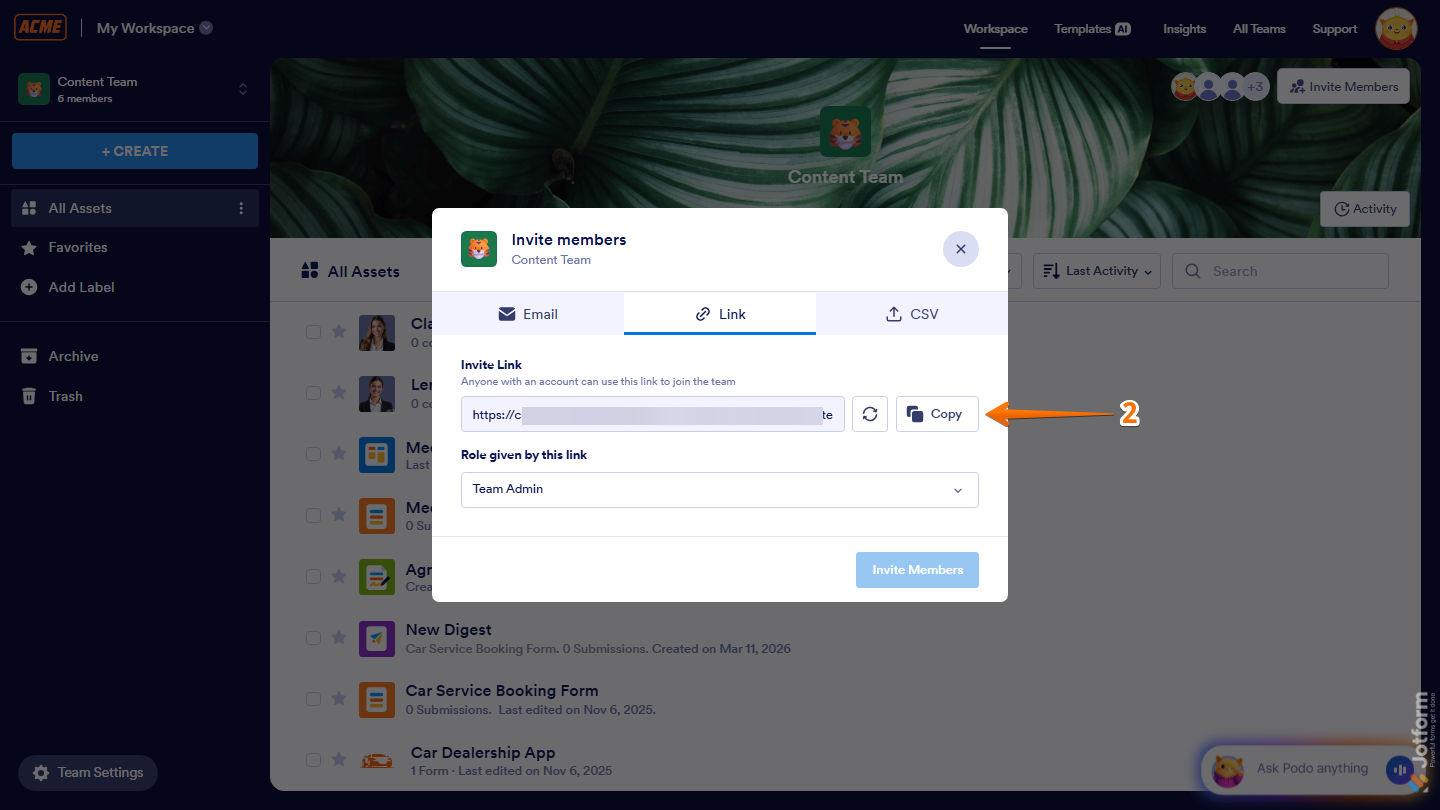 Invite Members Link tab showing Copy Link button in Jotform