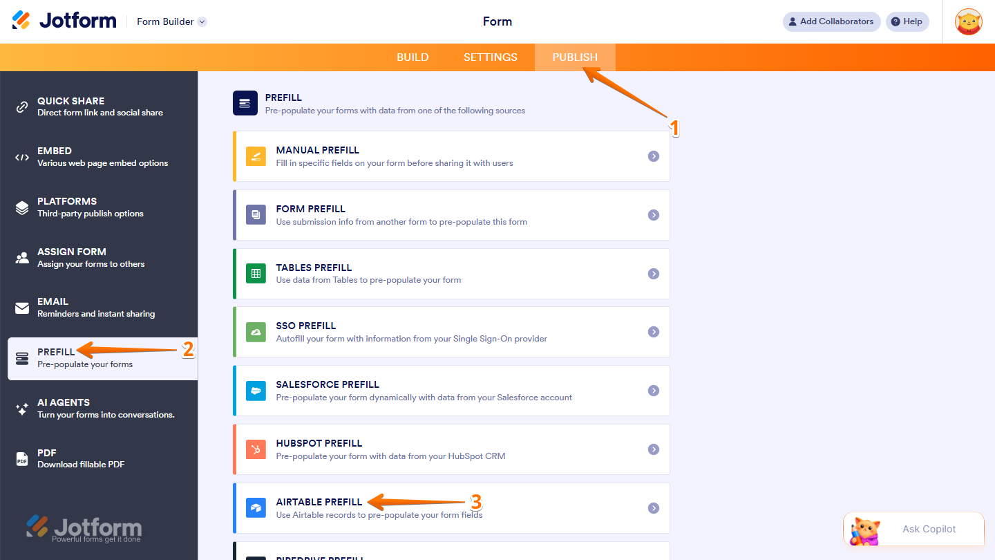 Form Builder Publish page showing Airtable Prefill option in Jotform