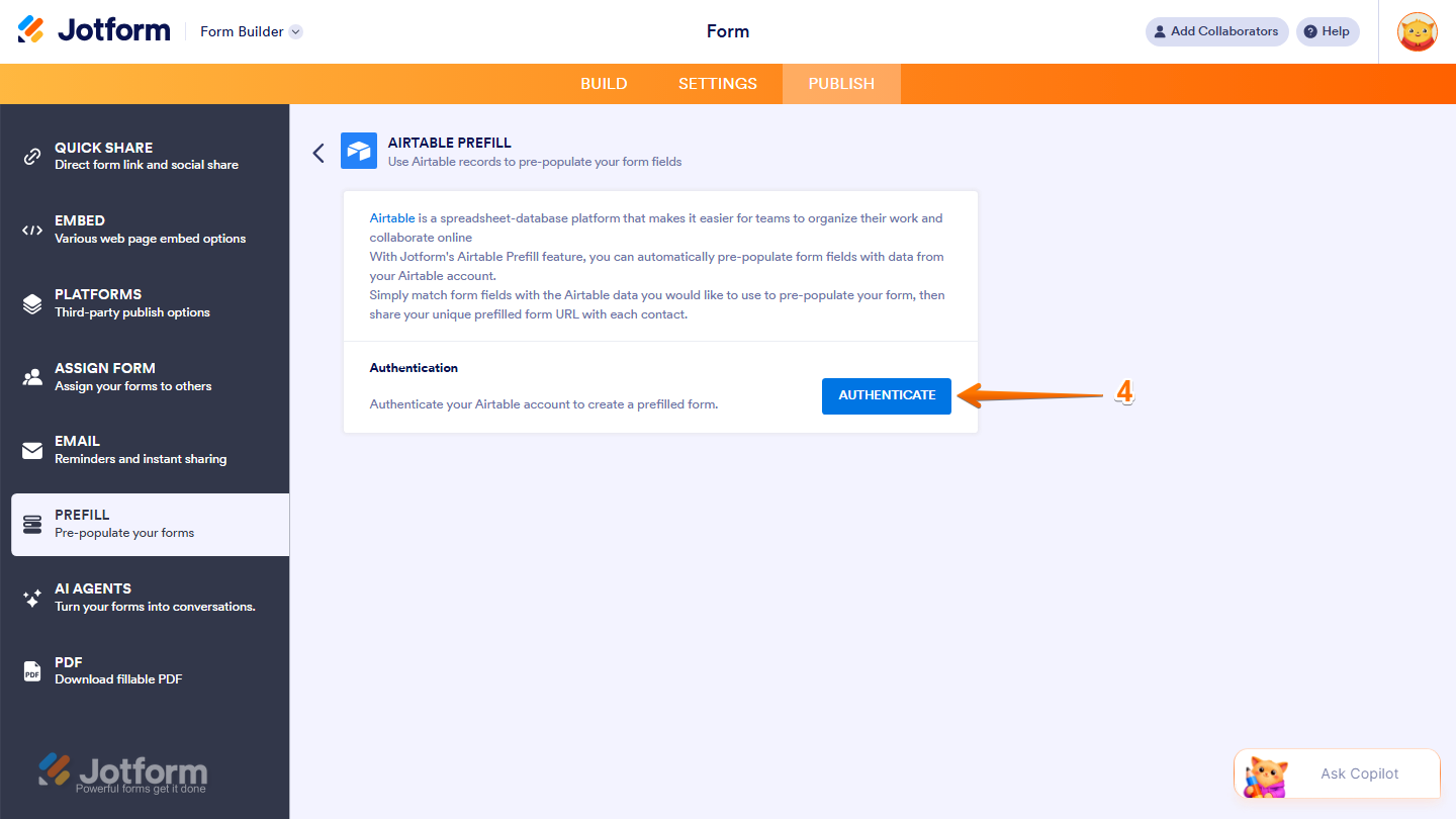 Airtable Prefill page showing Authenticate button and Airtable login prompt in Jotform