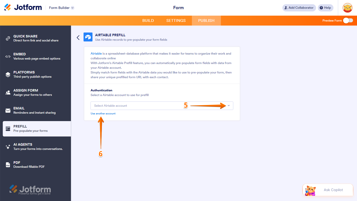 Airtable Prefill page showing account dropdown and Use Another Account option in Jotform