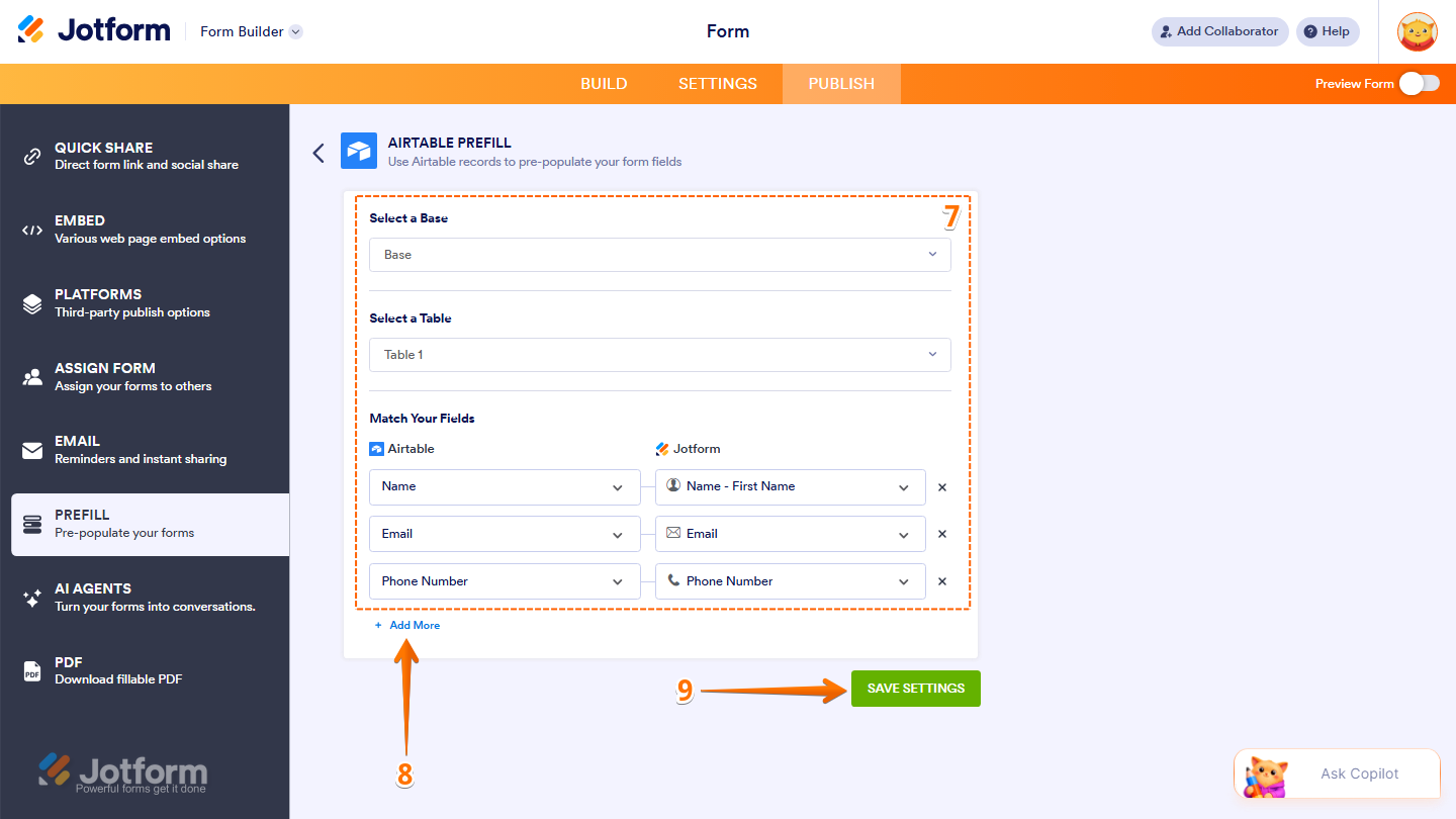 Airtable Prefill settings showing base table field mapping and Save Settings button in Jotform