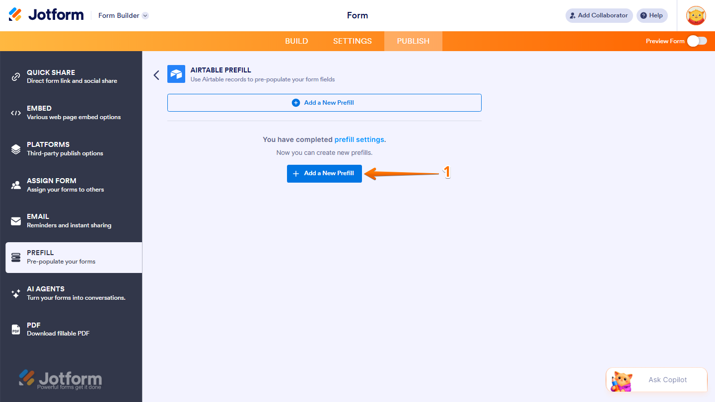 Airtable Prefill page showing Add a New Prefill button in Jotform