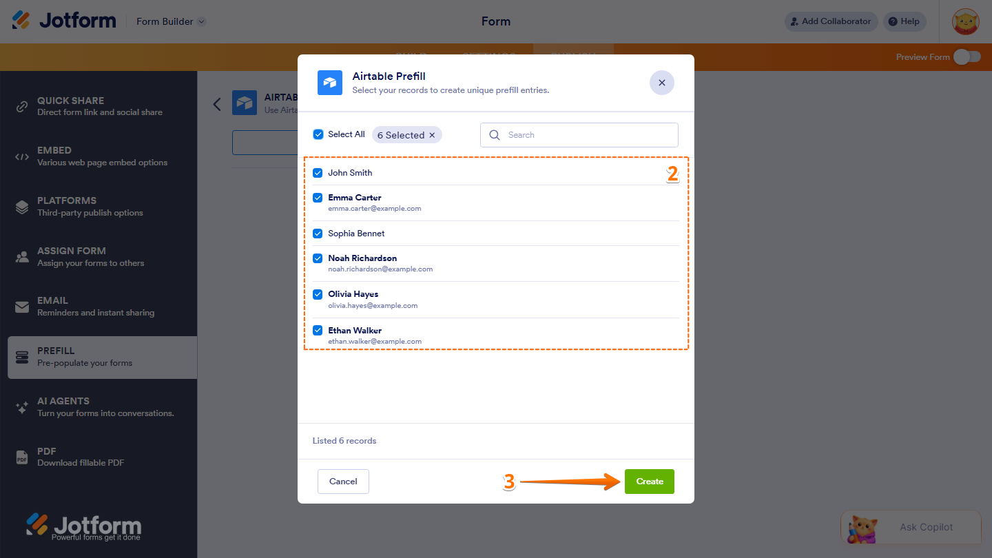 Airtable Prefill window showing selectable records and Create button in Jotform
