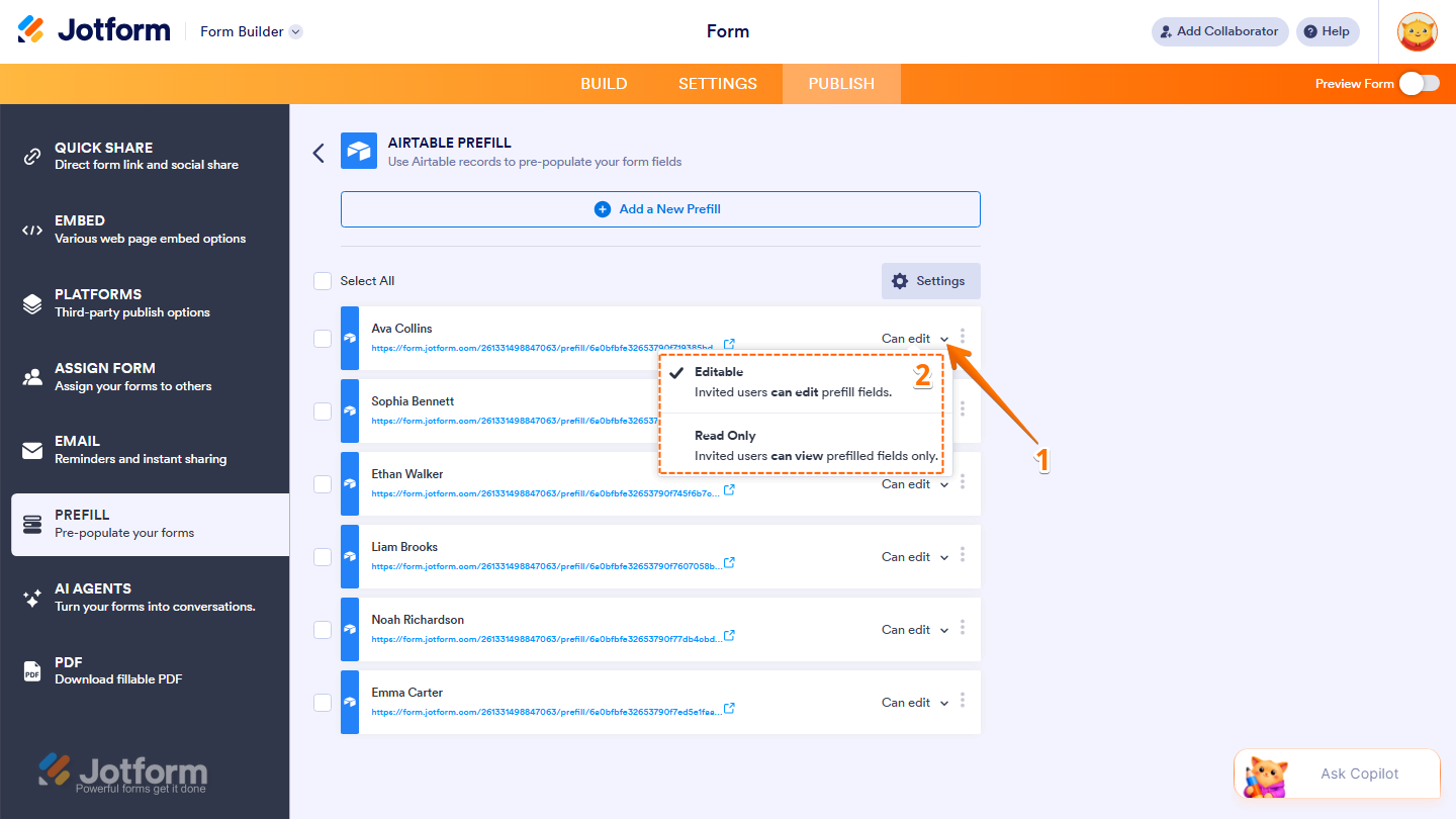 Airtable Prefill page showing permission dropdown with Editable and Read Only options in Jotform