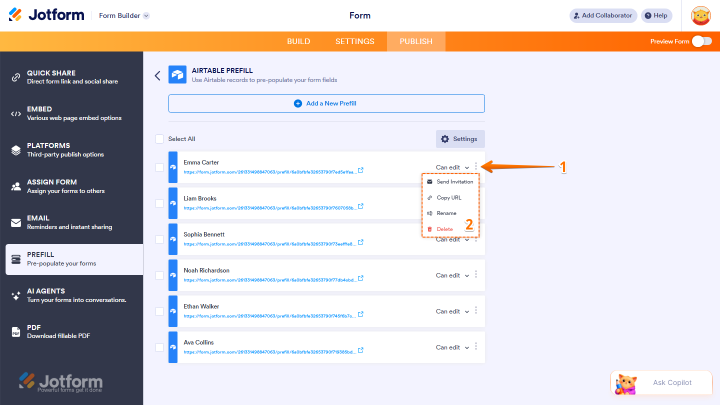 Airtable Prefill page showing Three Dots menu with invitation sharing rename and delete options in Jotform