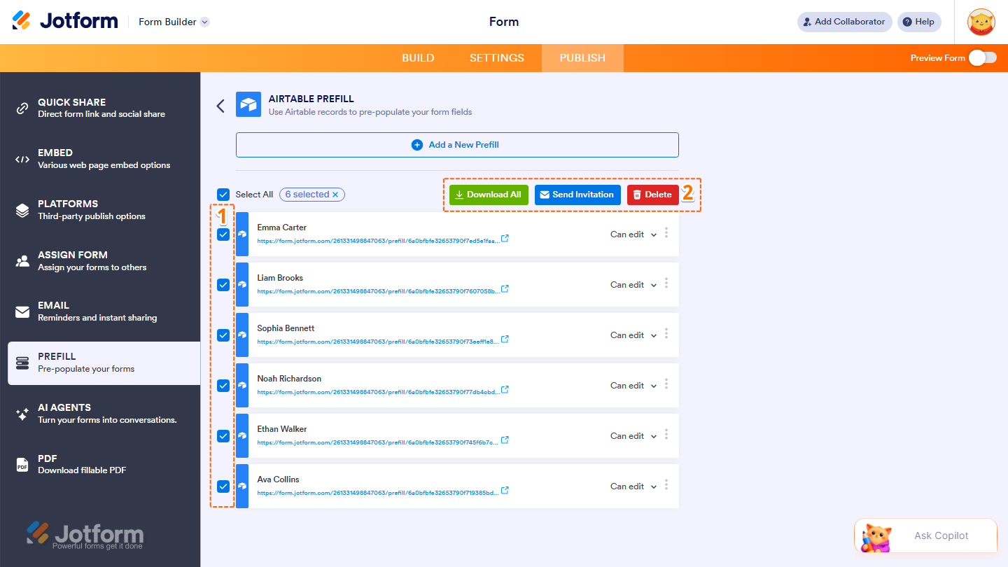 Airtable Prefill page showing selected entries with bulk Download Send Invitation and Delete actions in Jotform