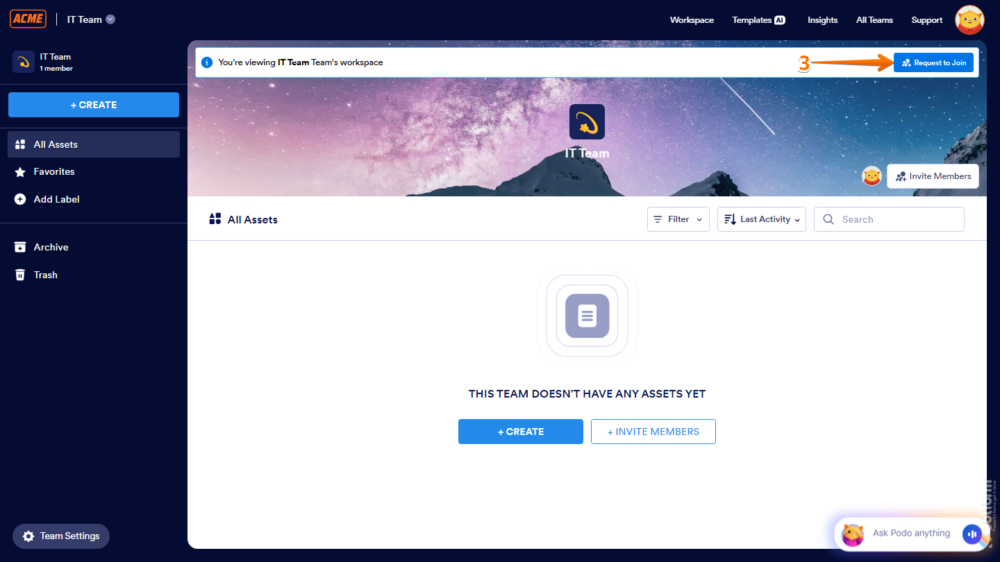 Team workspace page showing Request to Join button in Jotform
