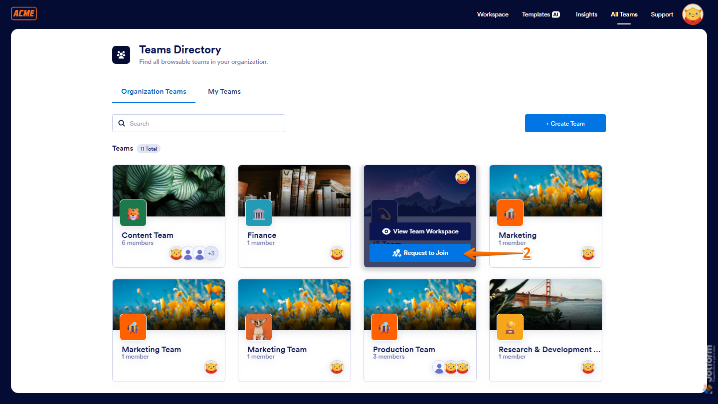 Teams Directory page Organization Teams tab showing Request to Join button in Jotform
