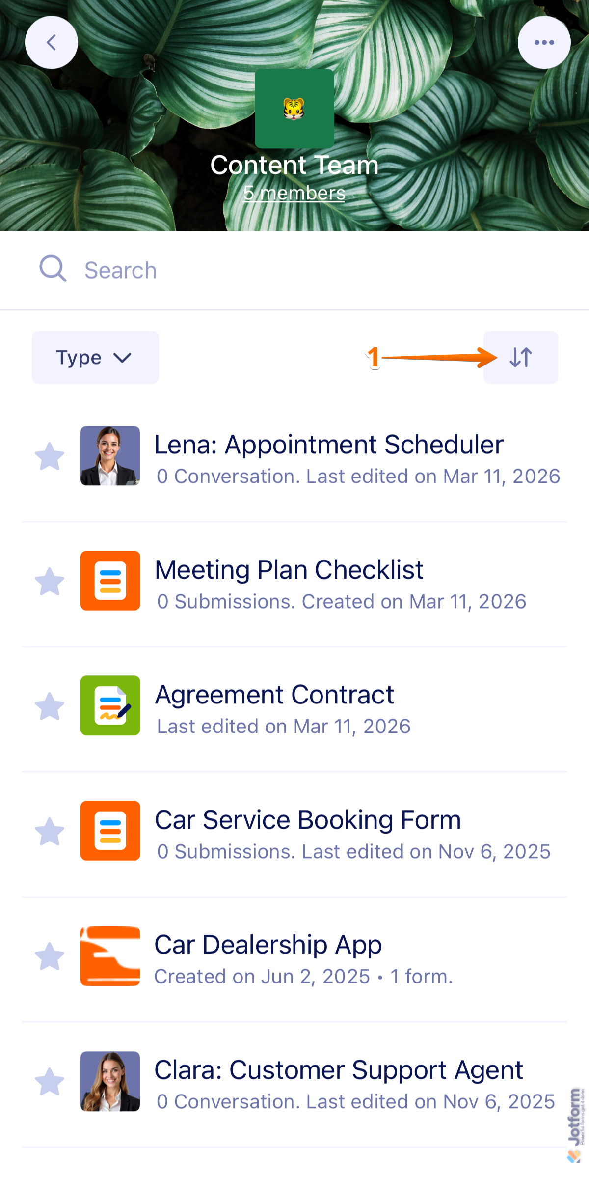 Jotform Mobile App Team Workspace interface showing Sorting icon on the right side of the screen