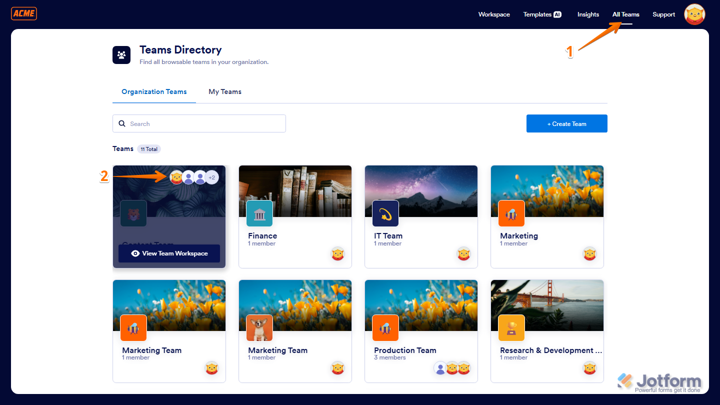 My Workspace page showing the All Teams option with a team selected and the See All button highlighted in Jotform Teams