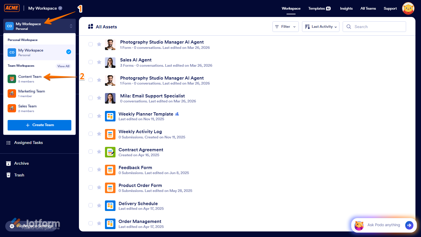 Then, in the menu that comes up, under Team Workspaces, select the team with the members you want to view. For example, the Content Team.
