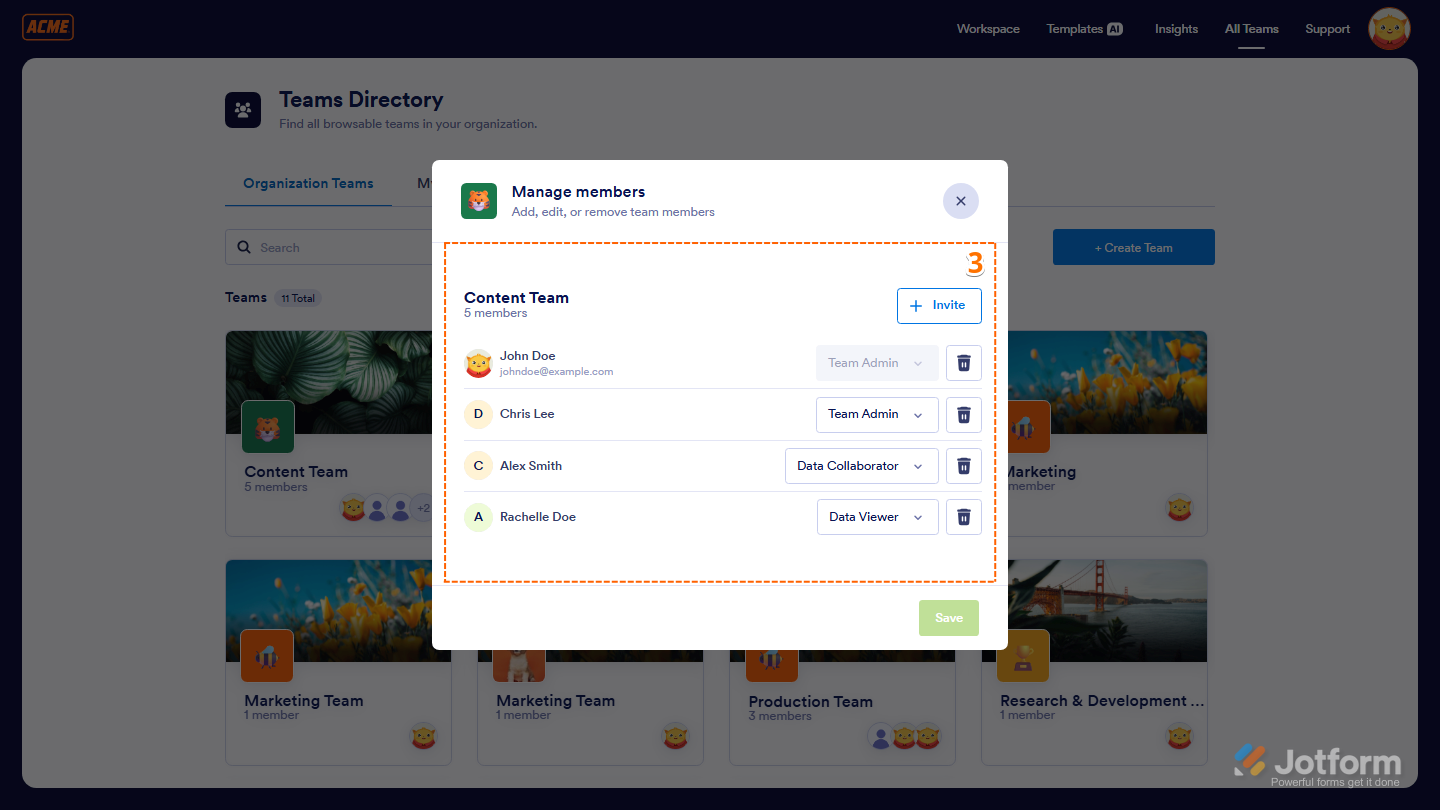 Window displaying a list of team members with their names and email addresses in Jotform Teams Workspace