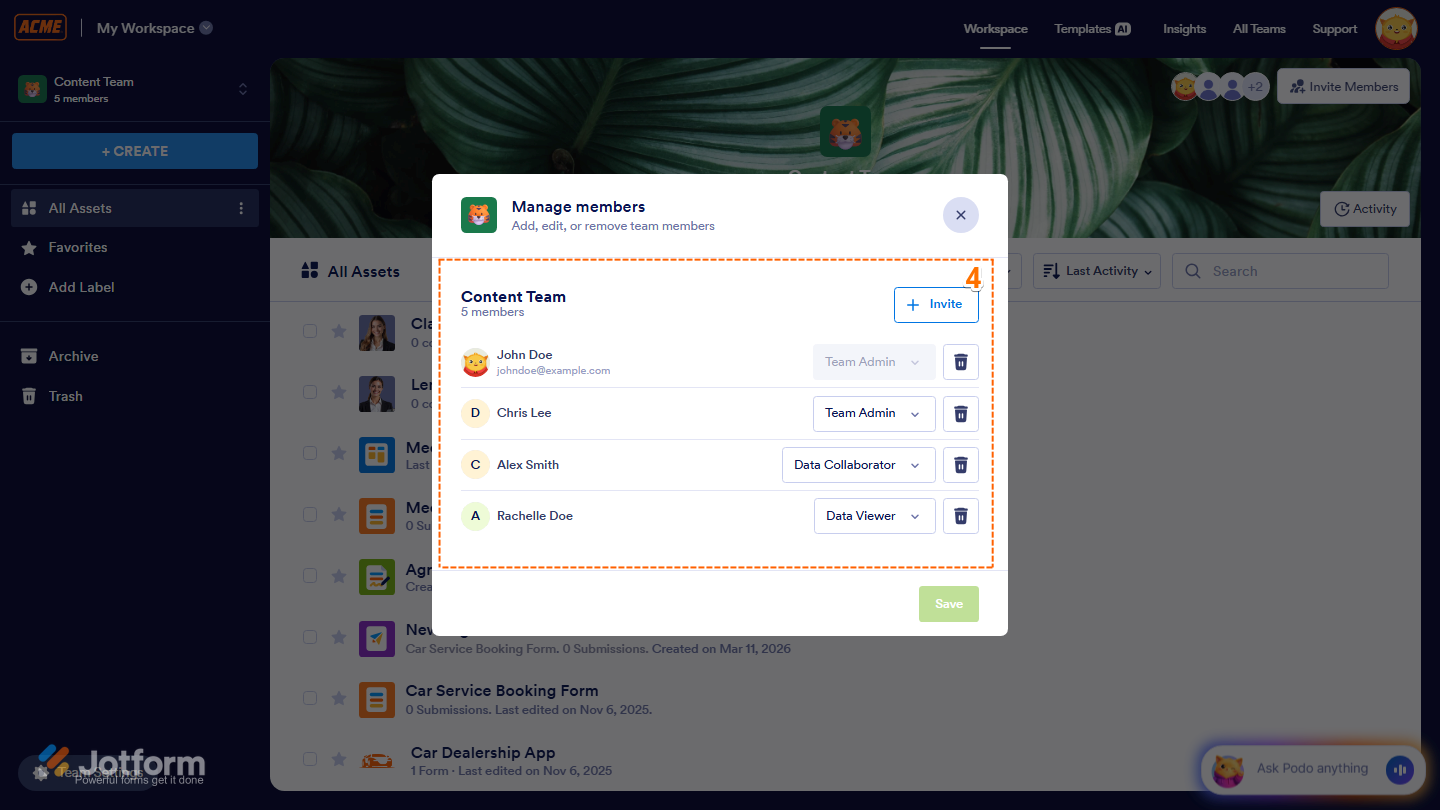 Window displaying a list of team members with their names and email addresses in Jotform Workspace