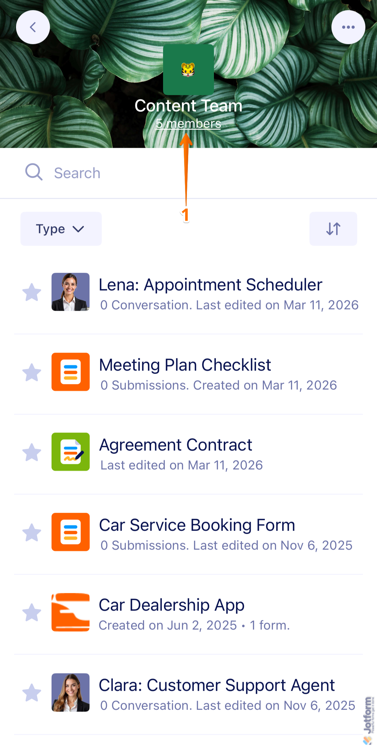 Jotform Mobile App Team Workspace page showing Members link below the team name