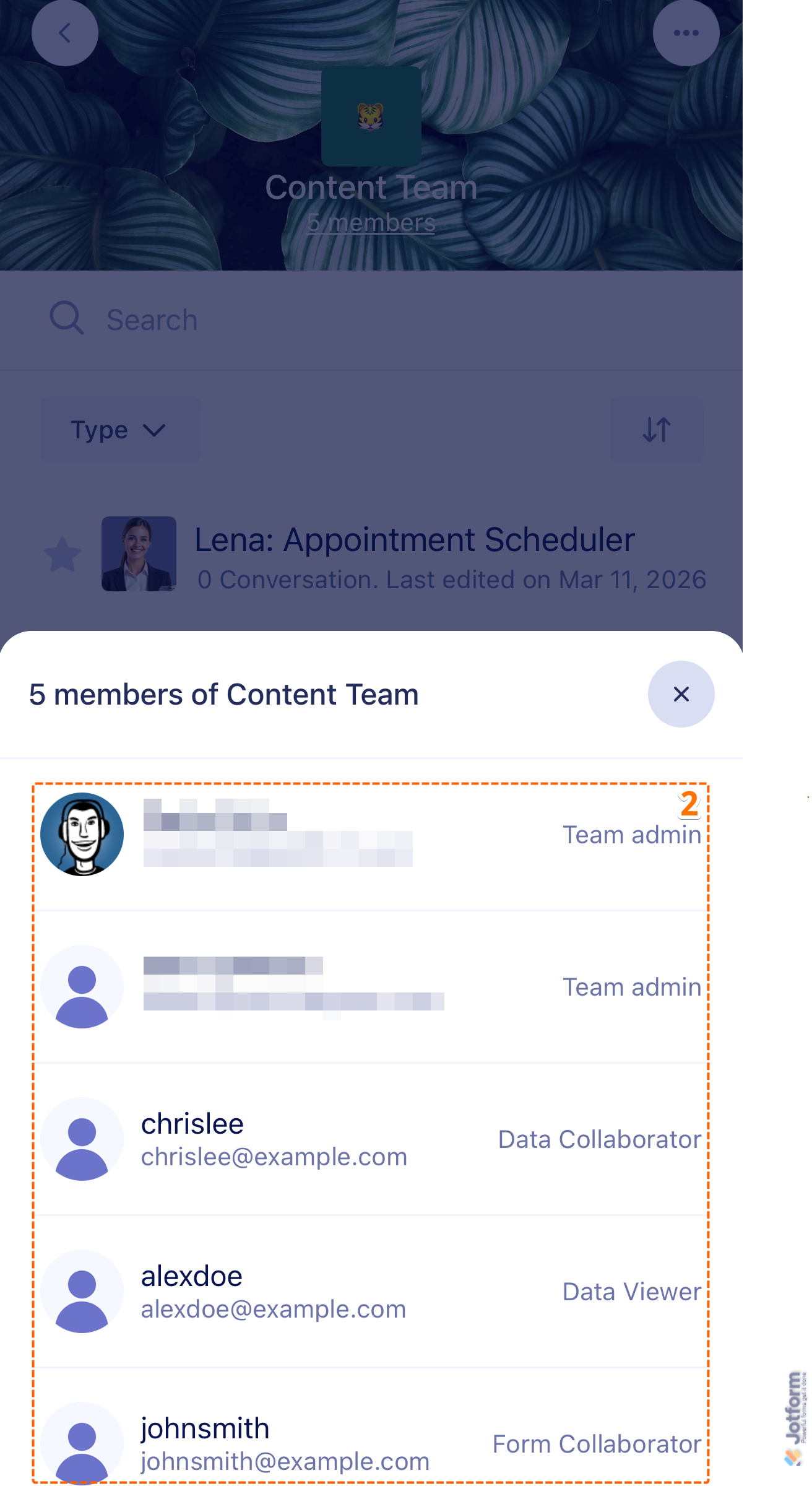 Manage Members of Team window showing list of team members in Jotform Mobile App
