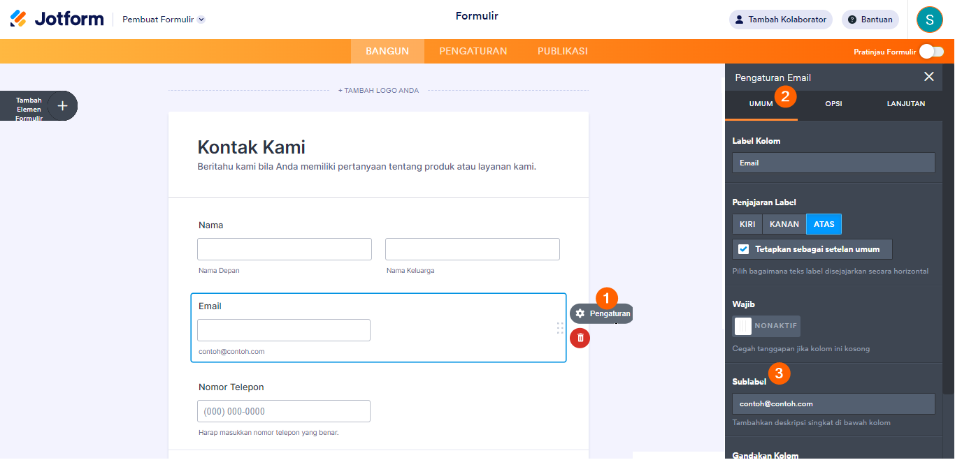 Sub label di bawah tab umum