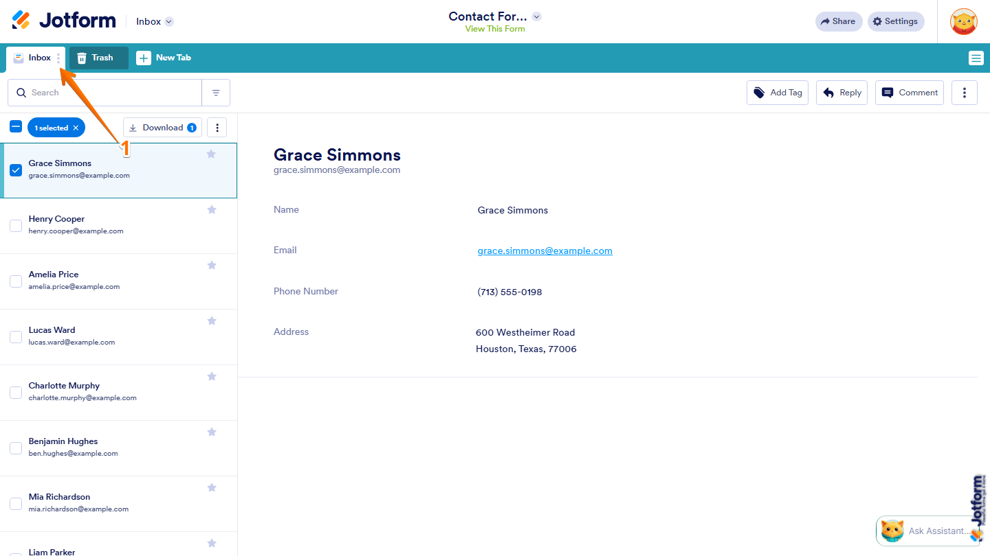 Jotform Inbox showing the Three Dots icon next to the Inbox tab on the top-left side of the page
