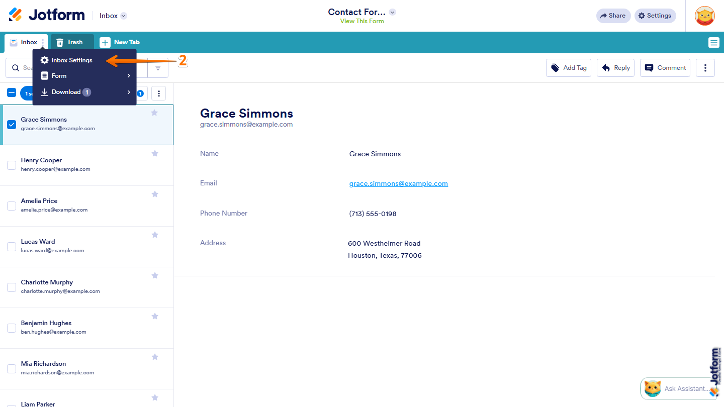 Jotform Inbox showing the Three Dots menu with the Inbox Settings option selected