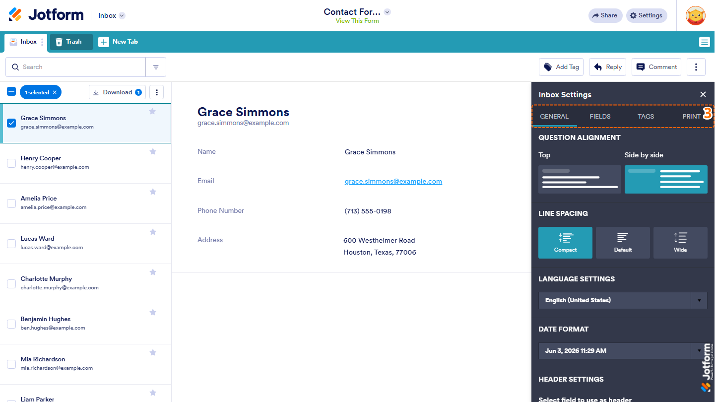 Jotform Inbox showing the Inbox Settings panel on the right side of the page with the General, Fields, Tags, and Print tabs available