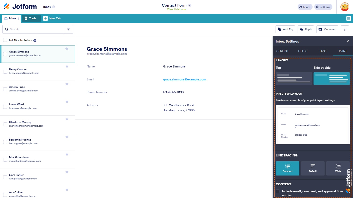 Jotform Inbox Inbox Settings panel showing the Print tab with options for Layout, Preview Layout, Line Spacing, and Content settings for customizing printed submissions