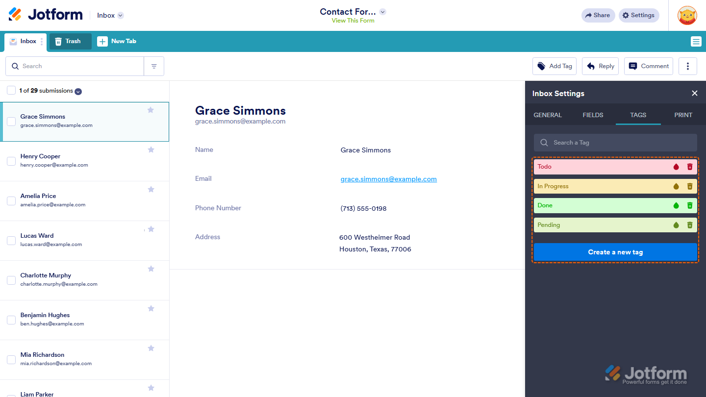 Jotform Inbox Inbox Settings panel showing the Tags tab with available submission tags and tag management options for organizing and categorizing submissions