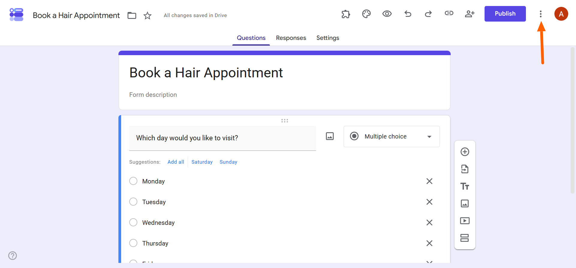 Google Forms interface with an arrow pointing to the three vertical dots icon in the top-right corner