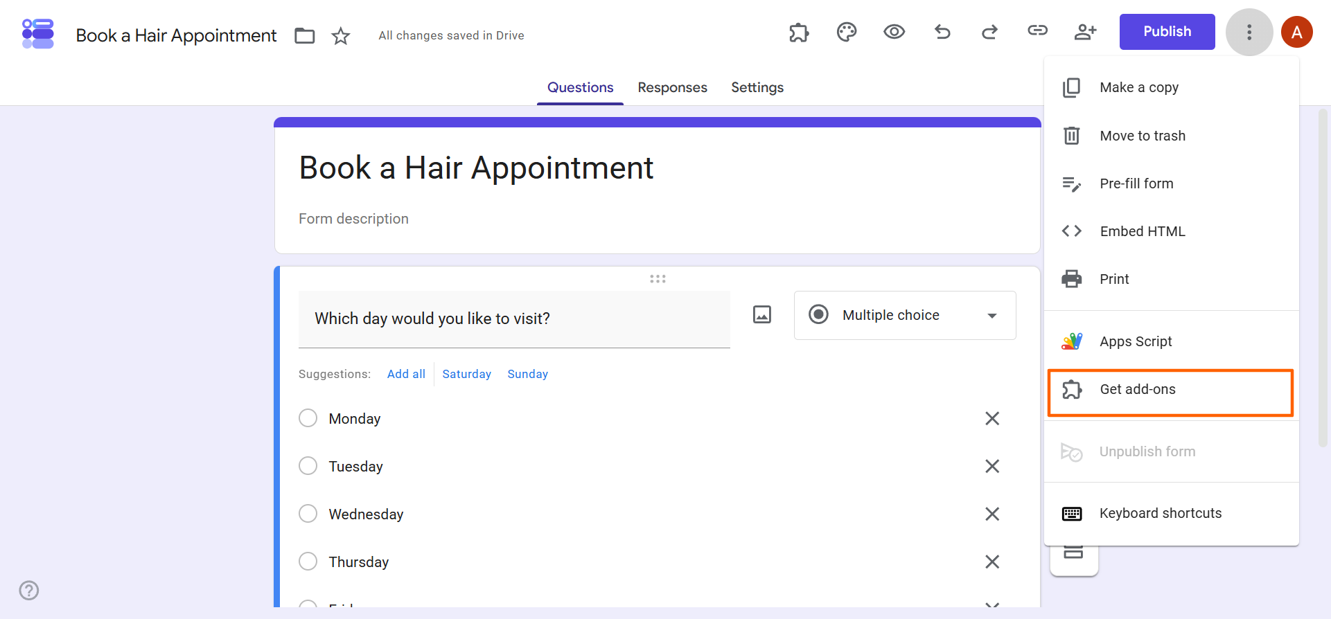 Google Forms interface showing the options dropdown menu with the "Get add-ons" option highlighted