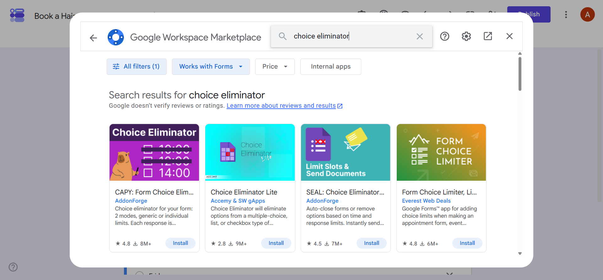 Google Workspace Marketplace popup showing search results for "choice eliminator"