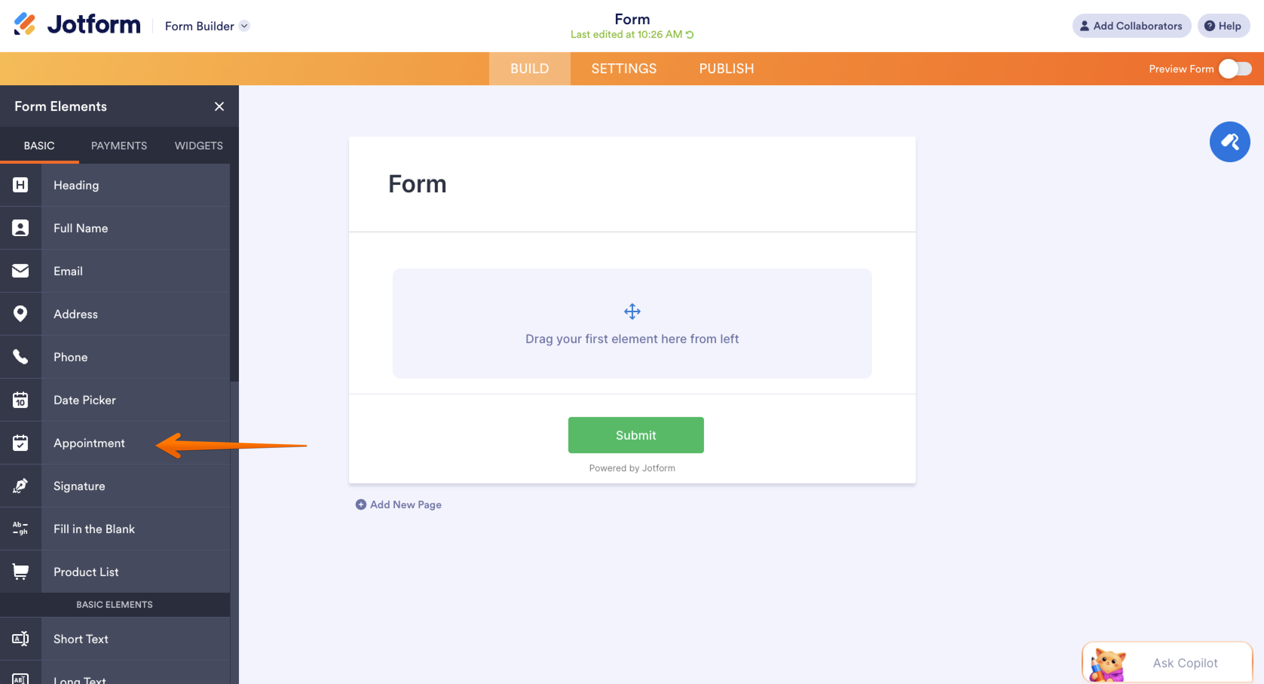 Jotform Form Builder interface with an arrow pointing to "Appointments" in the "Form Elements" menu on the left-hand side
