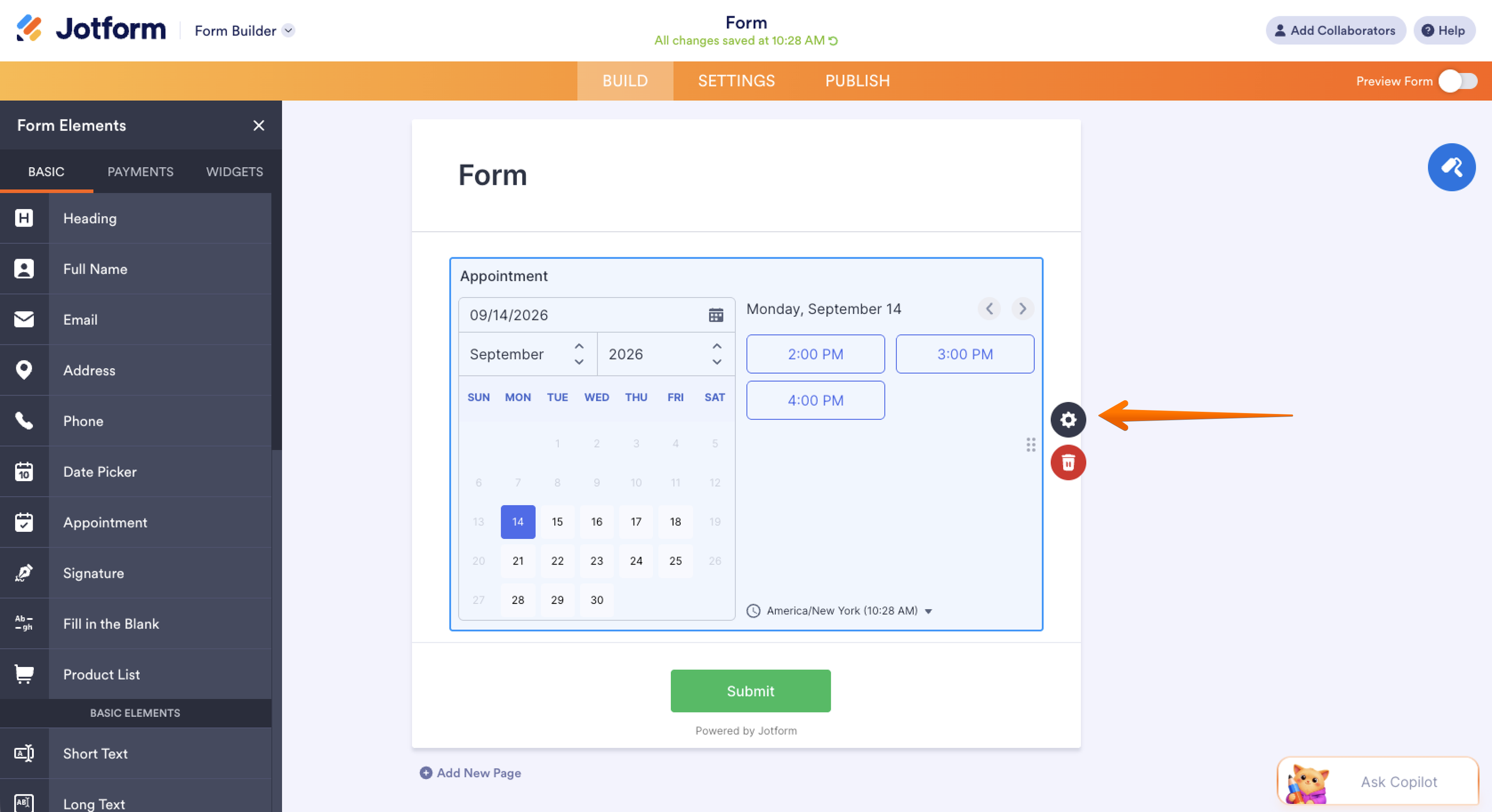 Jotform Form Builder interface with an arrow pointing to the cog icon next to the appointment form element
