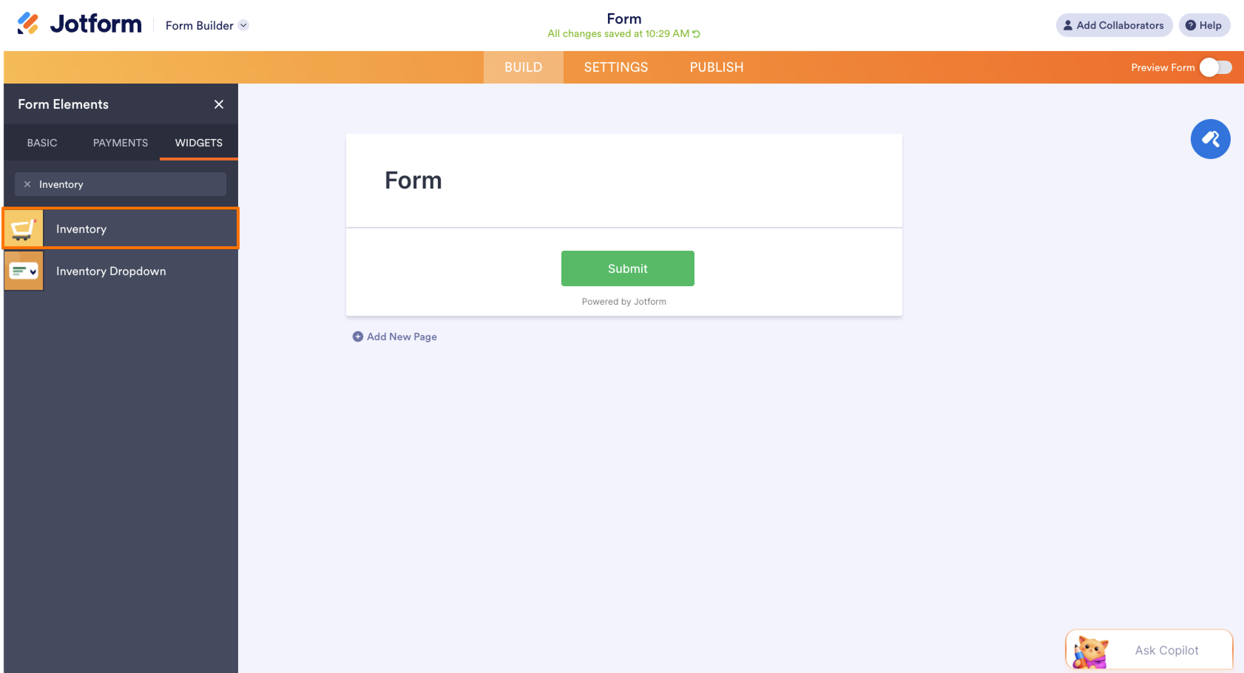 Jotform Form Builder interface with the "Form Elements," "Widgets," and "Inventory" options highlighted