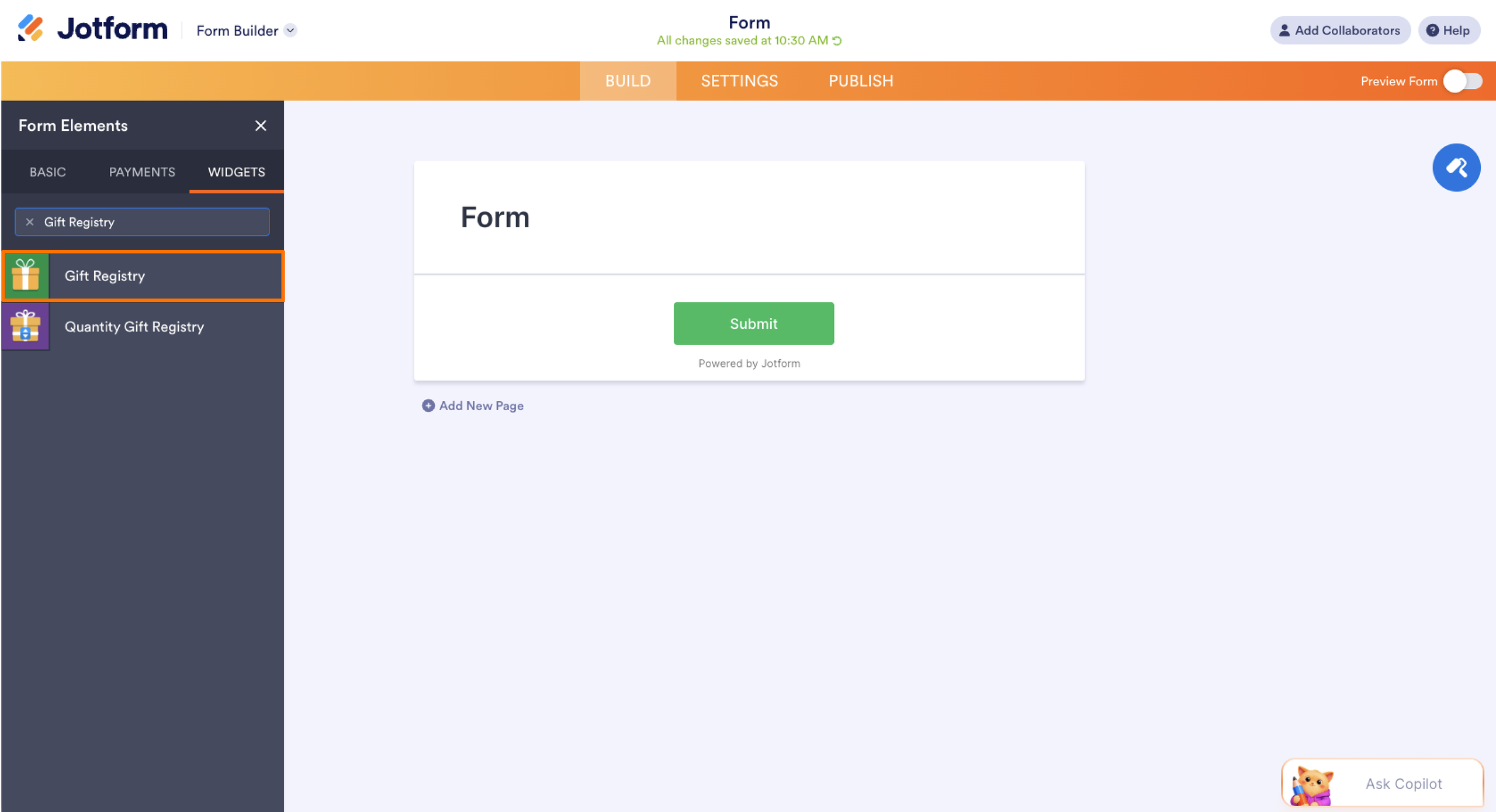 Jotform Form Builder interface with the "Form Elements," "Widgets," and "Gift Registry" options highlighted