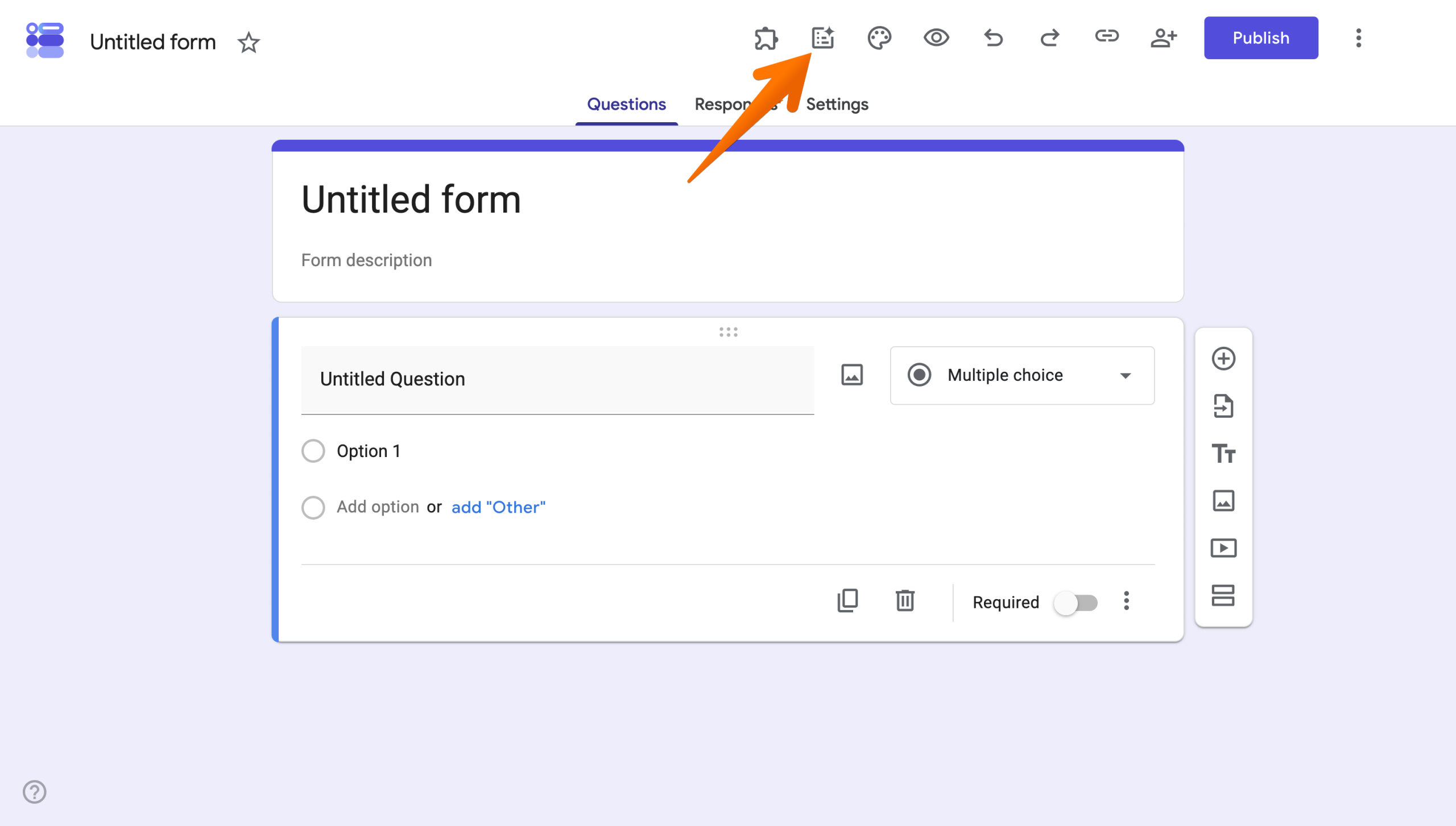 Arrow pointing to the Import questions icon in Google Forms