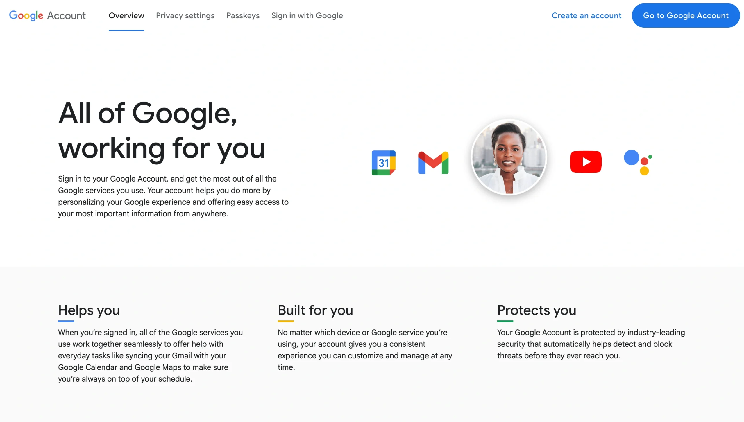 Google Account overview page highlighting personalized services, security, and access to Google apps