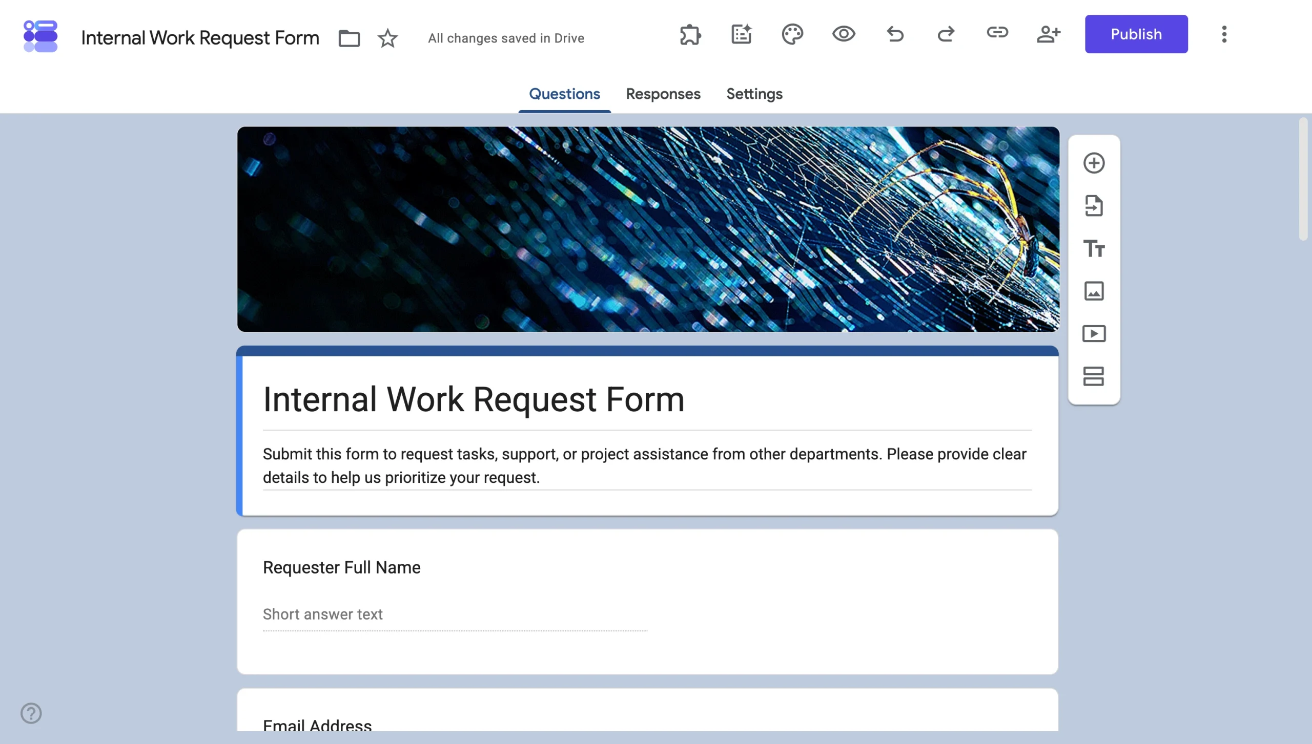 Google Forms editor showing an internal work request form