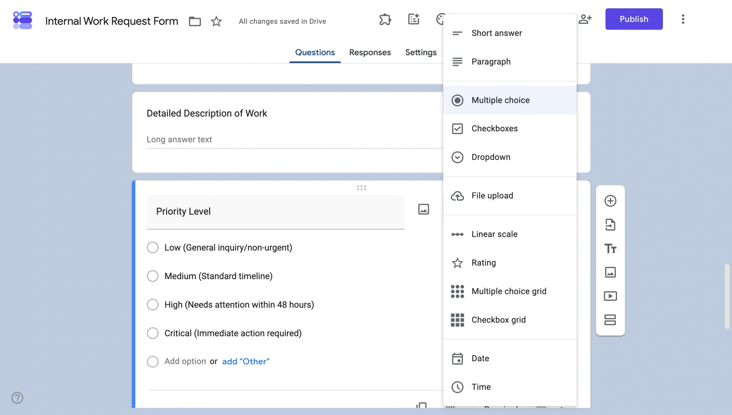 Google Forms question-type menu showing options such as multiple choice, checkboxes, file upload, rating, date, and time