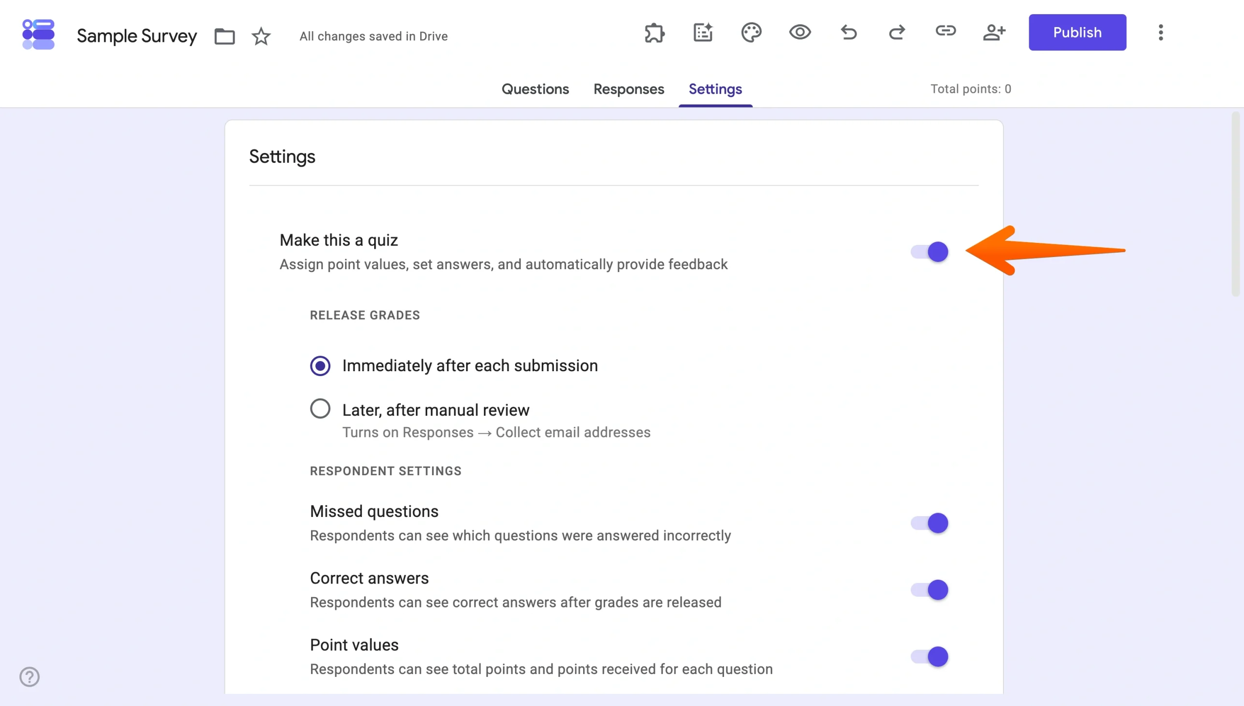 Arrow highlighting the “Make this a quiz” toggle in Google Forms settings